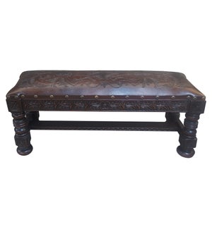 RECTANGULAR HAND TOOLED LEATHER BENCH